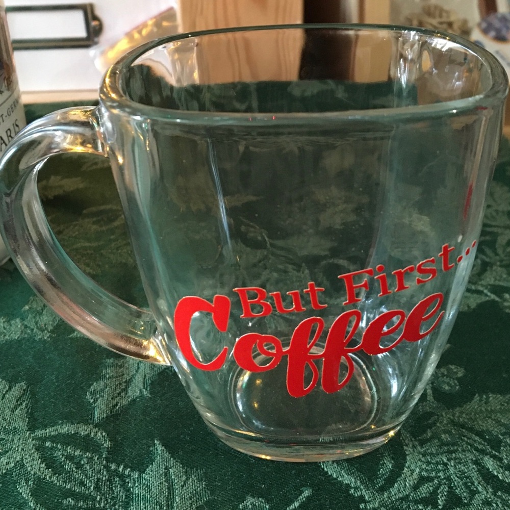 Clear Glass Coffee Mug with Red Text - Picture 1 of 2